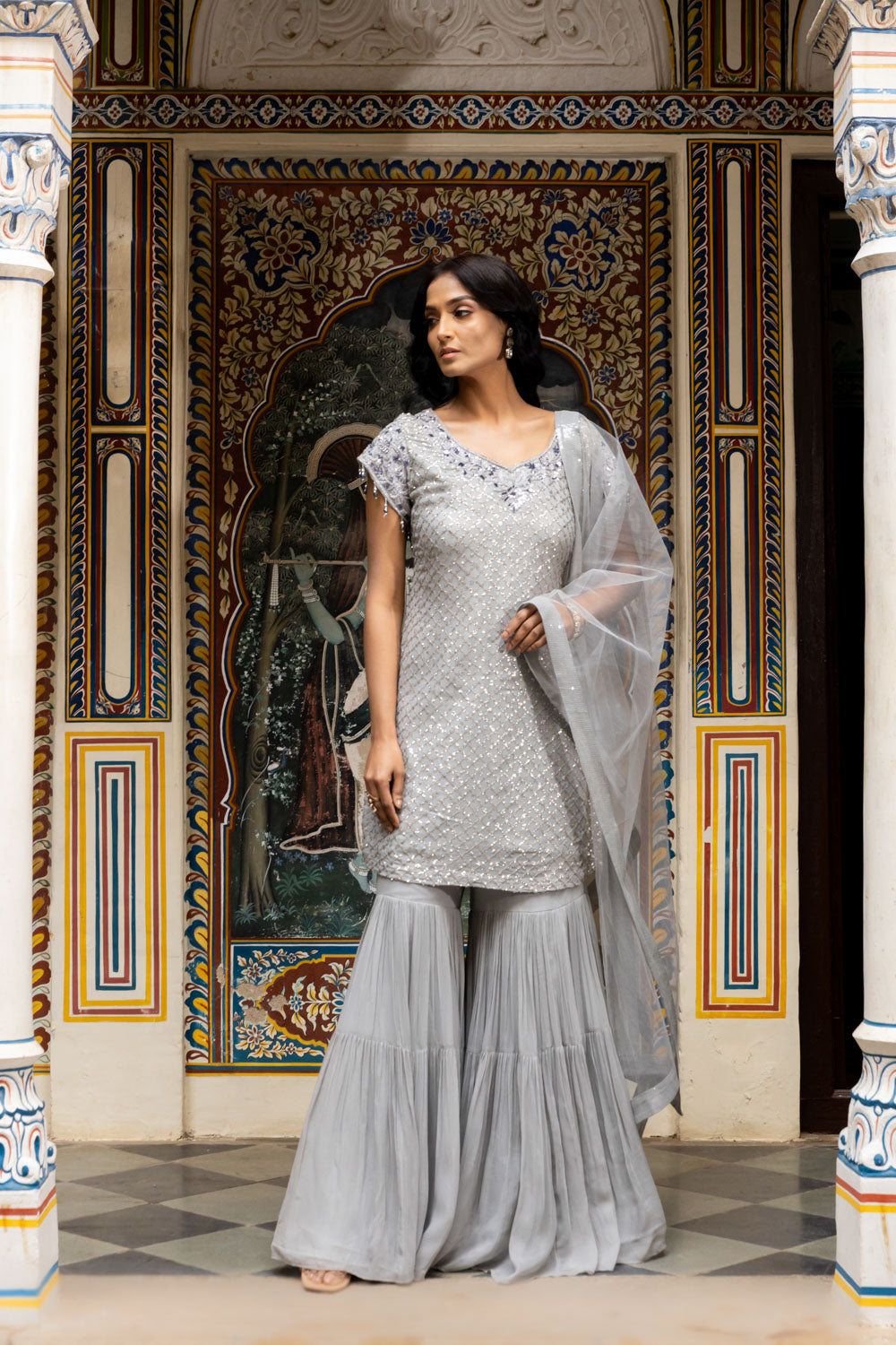 Grey Georgette Readymade Sharara Set With Net Dupatta Grey Georgette Readymade Sharara Set With Net Dupatta