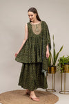 Bottle Green Muslin Readymade Sharara Set With Muslin Dupatta