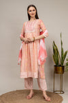 Peach Cotton Readymade Suit And Pant With Chiffon Dupatta