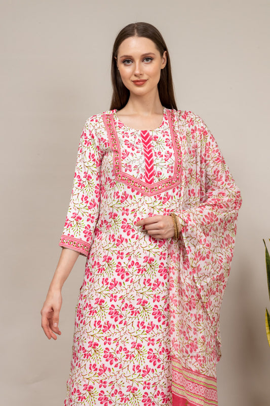 Off White Cotton Readymade Suit And Pant With Cotton Dupatta