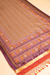 Brown Wine Banarasi Silk Gujarat Patola Block Printed Saree With Unstitched Blouse