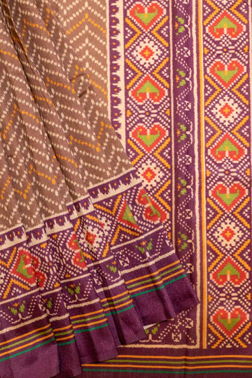 Brown Wine Banarasi Silk Gujarat Patola Block Printed Saree With Unstitched Blouse
