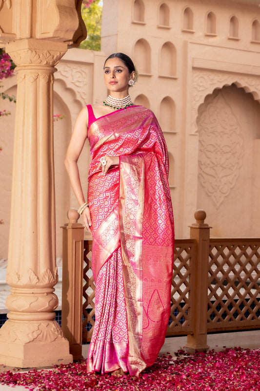 Rani Woven Zari South Indian Silk Saree With Unstitched Blouse