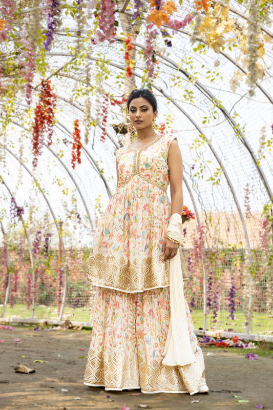 Off White Dolna Readymade Sharara Set With Chinon Dupatta