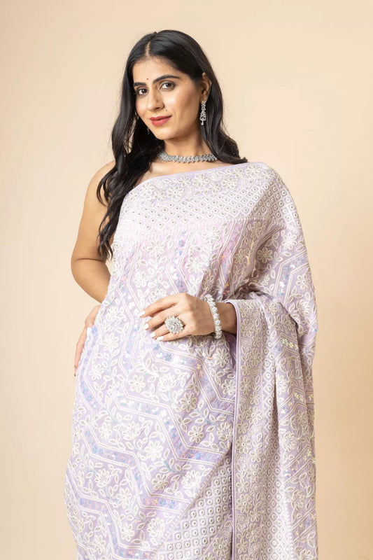 Mauve Gotta Patti & Sequence Georgette Saree With Unstitched Blouse