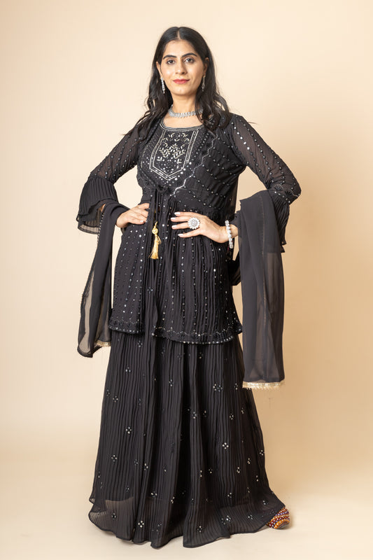 Black Sequence & Zari Threadwork Georgette Lehenga Set And Jacket With Georgette Dupatta