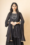 Black Sequence & Zari Threadwork Georgette Lehenga Set And Jacket With Georgette Dupatta