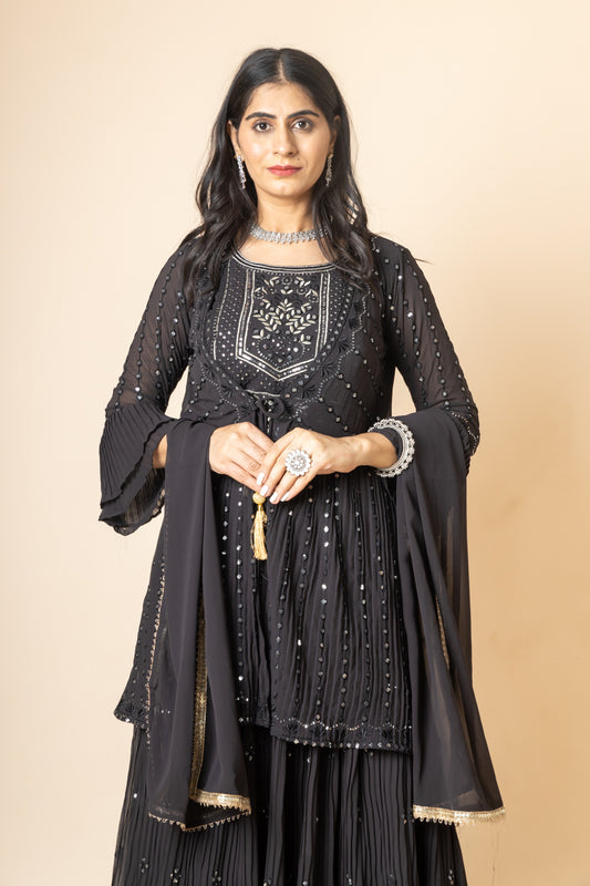 Black Sequence & Zari Threadwork Georgette Lehenga Set And Jacket With Georgette Dupatta