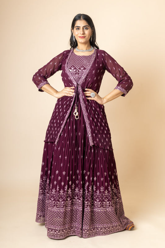 Garnet Sequence & Threadwork Georgette Lehenga Set And Jacket With Readymade Blouse