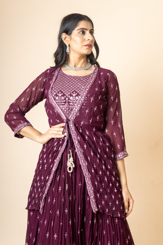 Garnet Sequence & Threadwork Georgette Lehenga Set And Jacket With Readymade Blouse