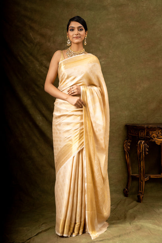Off White Woven Zari South Indian Silk Saree With Unstitched Blouse