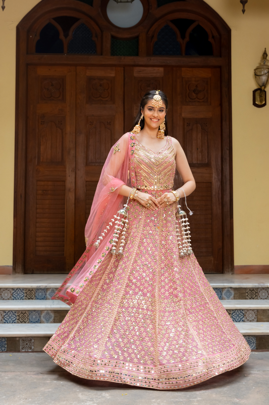 Gajari Georgette Lehenga Set And Net Dupatta With Readymade Blouse