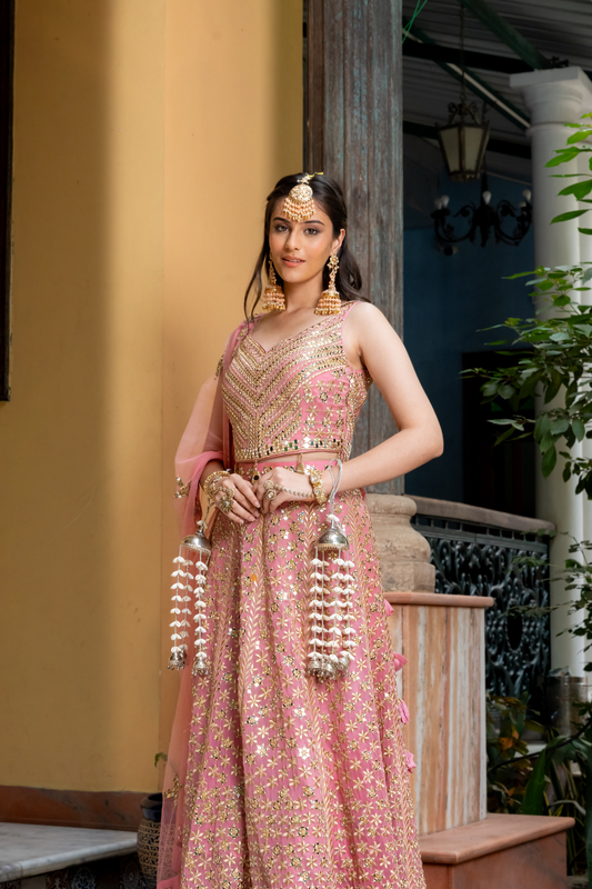 Gajari Georgette Lehenga Set And Net Dupatta With Readymade Blouse