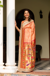 Peach Woven Zari & Mirror, Gotta Patti Banarasi Silk Saree With Unstitched Blouse