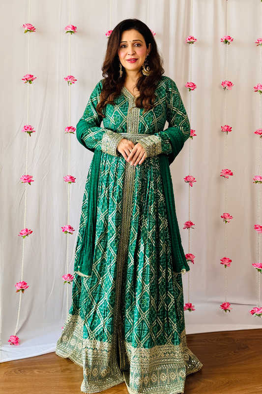 Bottle Green Dolna Floor Length Readymade Suit And Pant With Chinon Dupatta (Ft:-Anjan Prasad)
