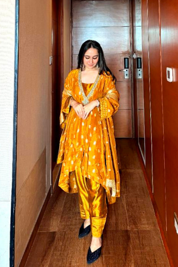 Mustard Sequence, Zari & Cutdana Organza Readymade Suit And Pant With Georgette Dupatta