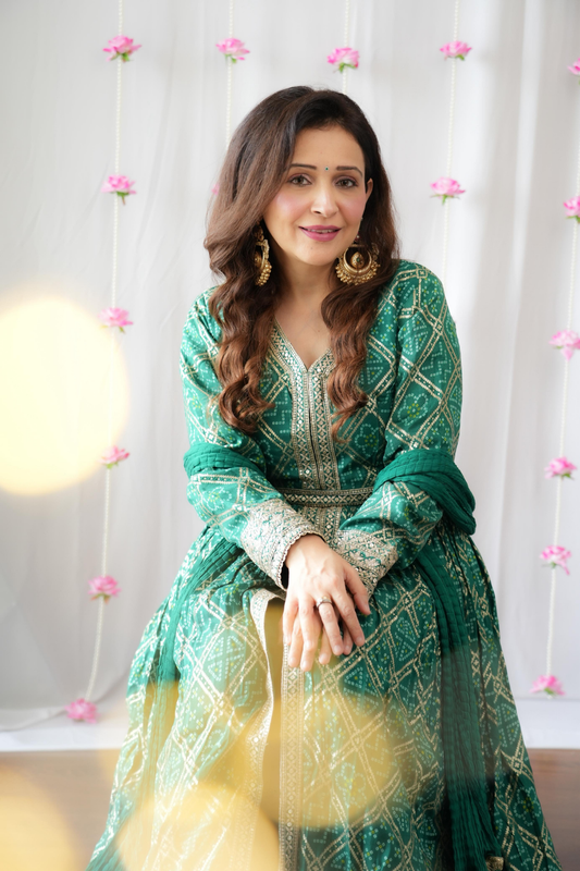 Bottle Green Dolna Floor Length Readymade Suit And Pant With Chinon Dupatta (Ft:-Anjan Prasad)