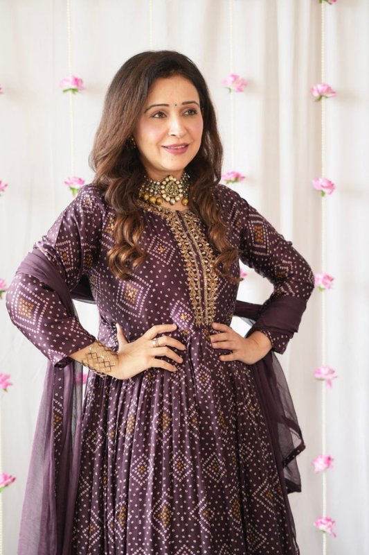 Garnet Satin Floor Length Kurta With Chiffon Dupatta (Ft:-Anjan Prasad)