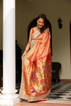 Peach Woven Zari & Mirror, Gotta Patti Banarasi Silk Saree With Unstitched Blouse