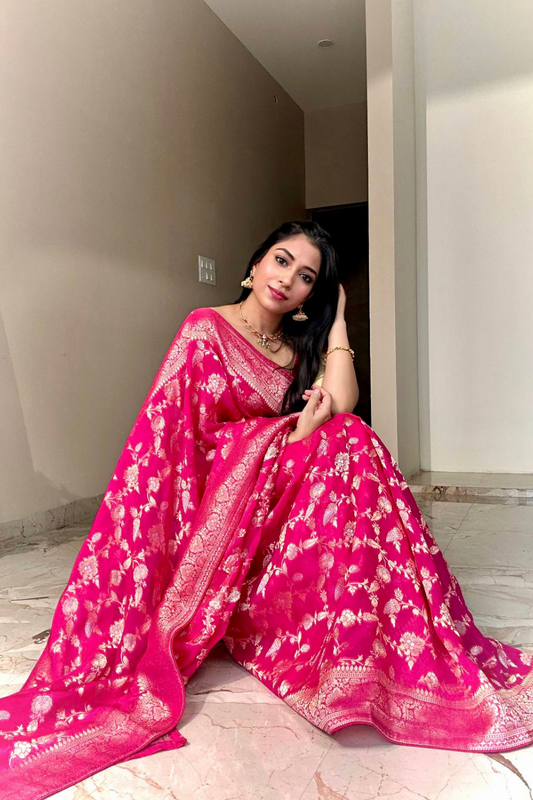 Organza Satin Banarasi Woven Zari Saree(Ft:-Eshita Mishra)