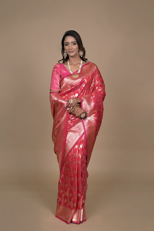Maroon Woven Zari Banarasi Silk Saree With Unstitched Blouse