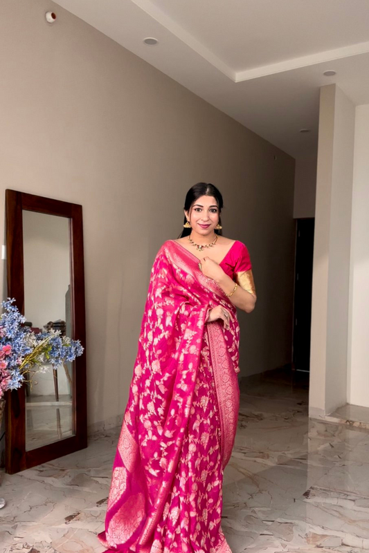 Organza Satin Banarasi Woven Zari Saree(Ft:-Eshita Mishra)