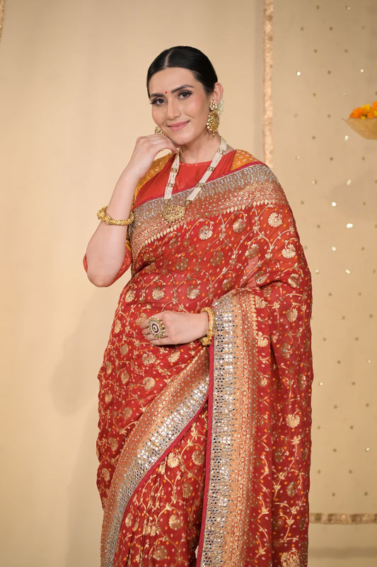Red Sequence & Swarovski Georgette Saree With Unstitched Blouse