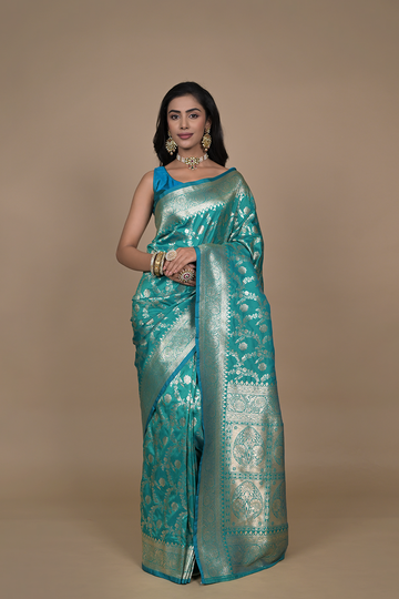 Rama Woven Zari Banarasi Silk Saree With Unstitched Blouse
