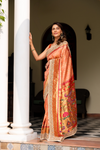 Peach Woven Zari & Mirror, Gotta Patti Banarasi Silk Saree With Unstitched Blouse