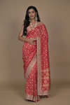 Red Woven Zari, Cudana & Gotta Patti Banarasi Silk Designer Saree With Unstitched Blouse
