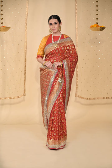 Red Sequence & Swarovski Georgette Saree With Unstitched Blouse