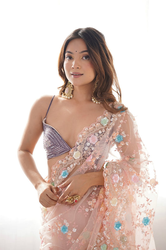 Peach Cutdana, Sequence & Threadwork Net Saree With Unstitched Blouse (Ft:-Arti Chauhan)