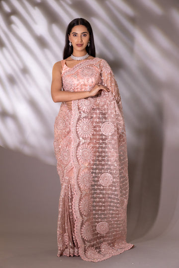 Onion Net Embroidered Saree With Unstitched Blouse (Ft:-Gurleen Gambhir)