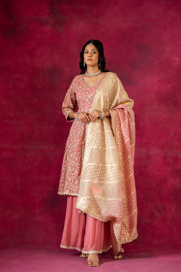 Gajari Georgette Readymade Suit And Palazzo With Banarasi Silk Dupatta