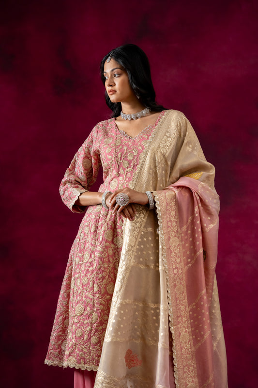 Gajari Georgette Readymade Suit And Palazzo With Banarasi Silk Dupatta