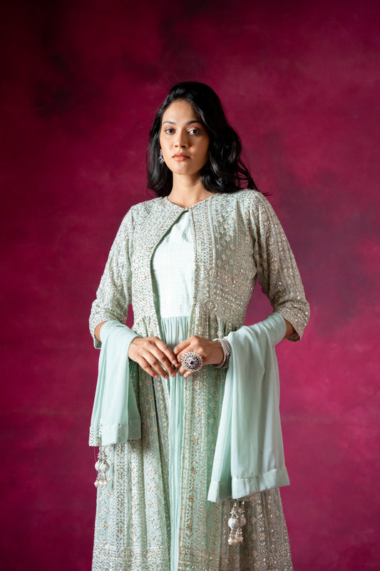 Sea Green Georgette Readymade Suit And Pant With Georgette Dupatta