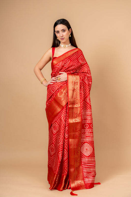 Heritage Heirloom Maroon Cotton Saree Bandhani Print with Zari Border With Unstitched Blouse