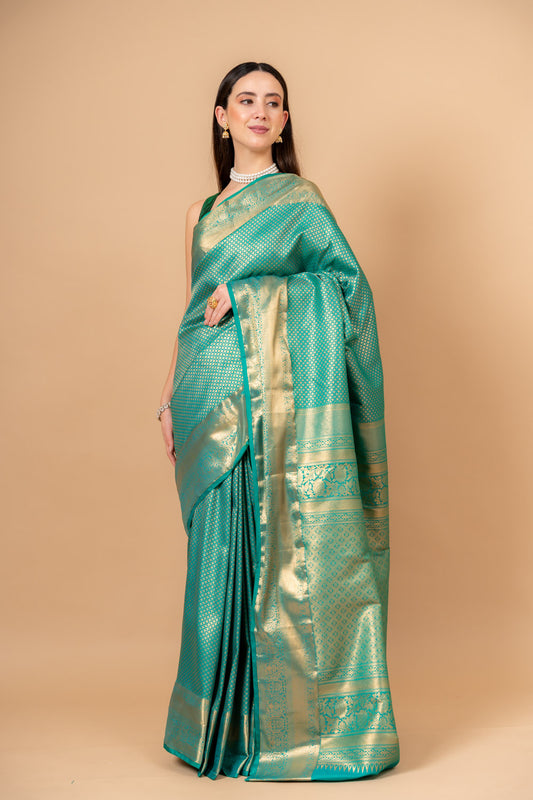 Soft Hues Rama Banarasi Silk Saree With Unstitched Blouse