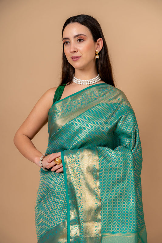 Soft Hues Rama Banarasi Silk Saree With Unstitched Blouse
