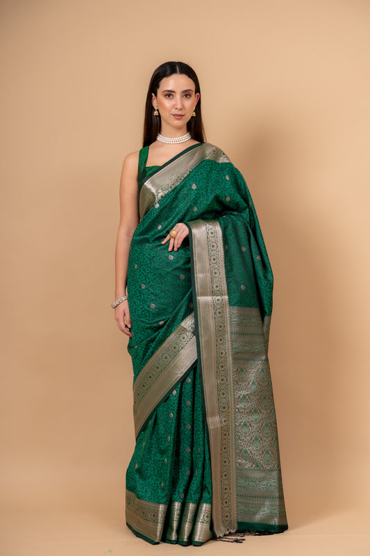 Bottle Green Banarsi Woven Silk Saree With Unstitched Blouse