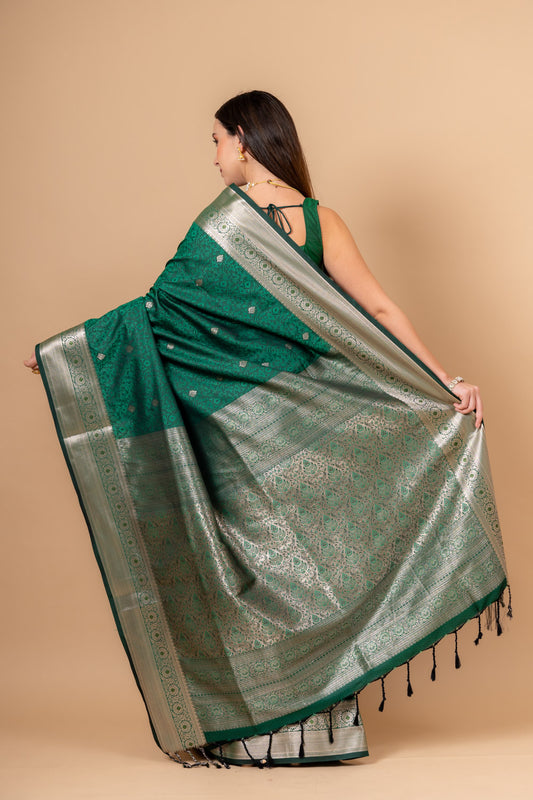 Regal Charm Bottle Green Banarsi Woven Silk Saree With Unstitched Blouse