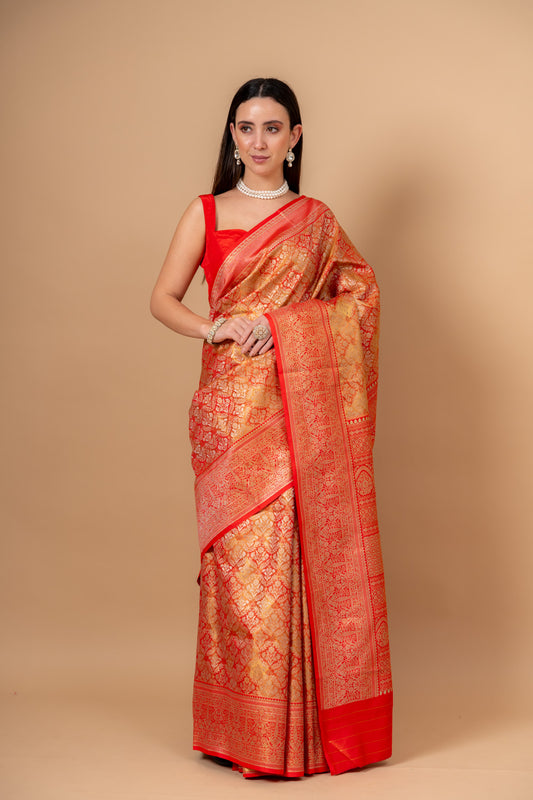 Grace Redefined Red Banarasi Saree With Unstitched Blouse