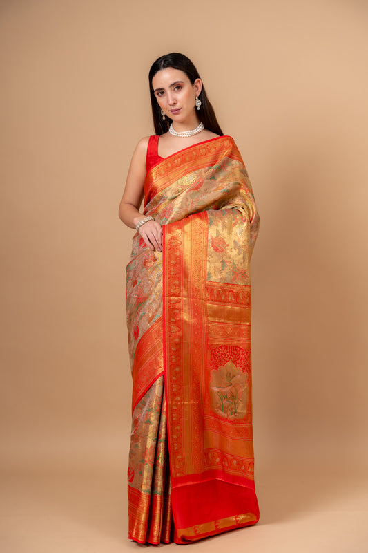 Grace Redefined Red Banarasi Saree With Floral Patterns And Zari Border With Unstitched Blouse