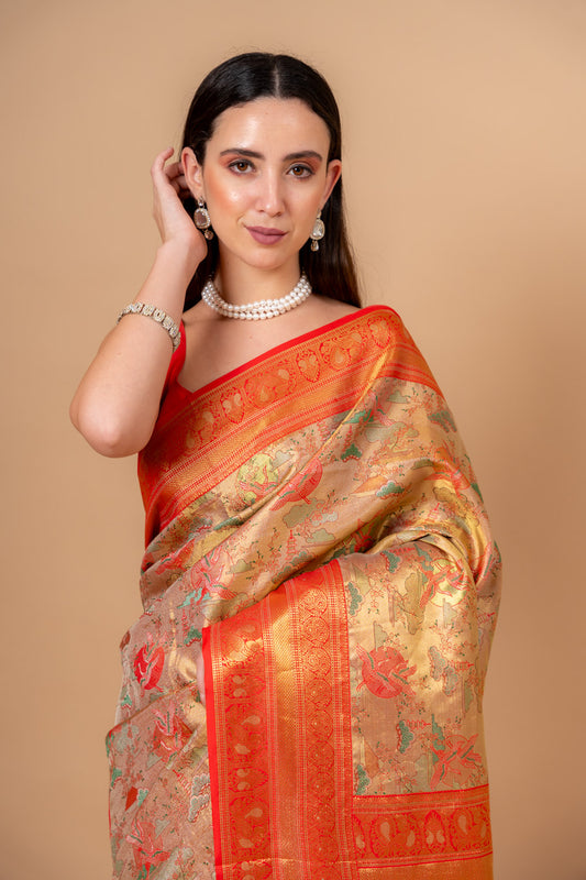 Grace Redefined Red Banarasi Saree With Floral Patterns And Zari Border With Unstitched Blouse