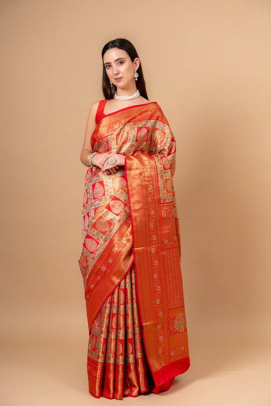 Grace Redefined Red Banarasi Saree With Square-Shaped Jaal And Zari Border With Unstitched Blouse