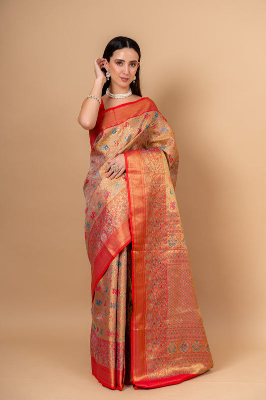 Timeless Beauty Tussar Banarasi Silk Saree And Woven Zari Border With Unstitched Blouse