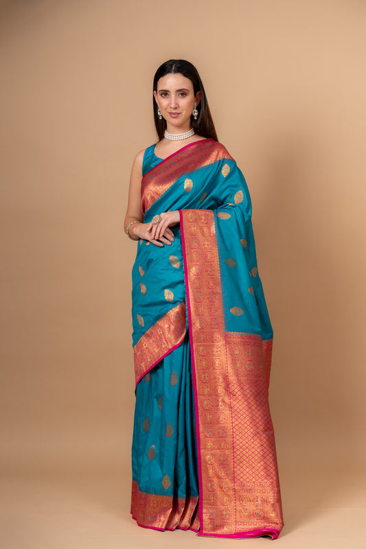 Effortless Glamour Rama Banarasi Silk Saree With Unstitched Blouse
