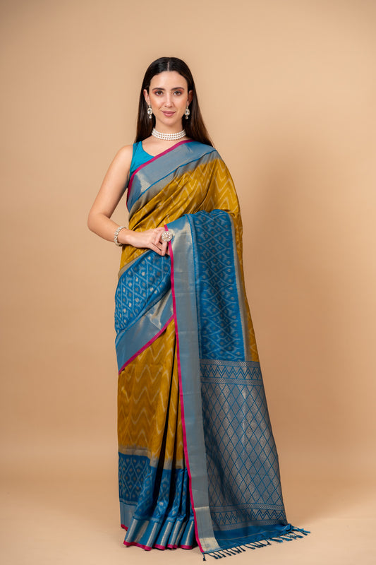 Wrapped in Elegance Pista South Indian Silk Saree And Woven Zari Border With Unstitched Blouse