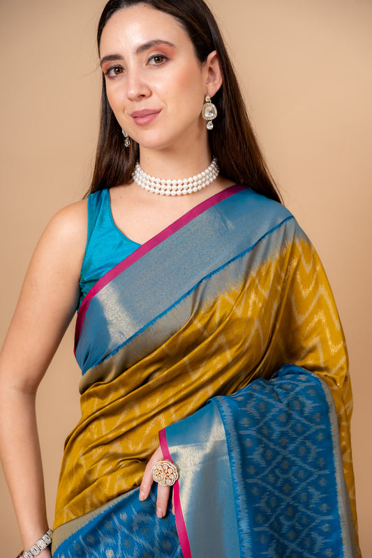 Wrapped in Elegance Pista South Indian Silk Saree And Woven Zari Border With Unstitched Blouse