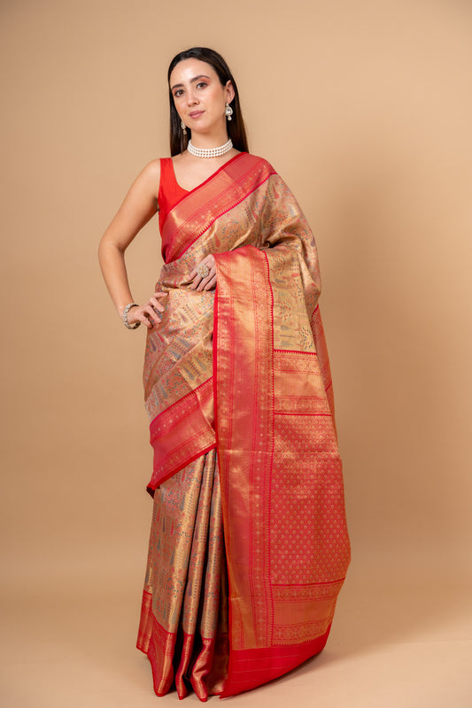 Timeless Beauty Tussar Banarasi Silk Saree And Woven Zari Border With Unstitched Blouse